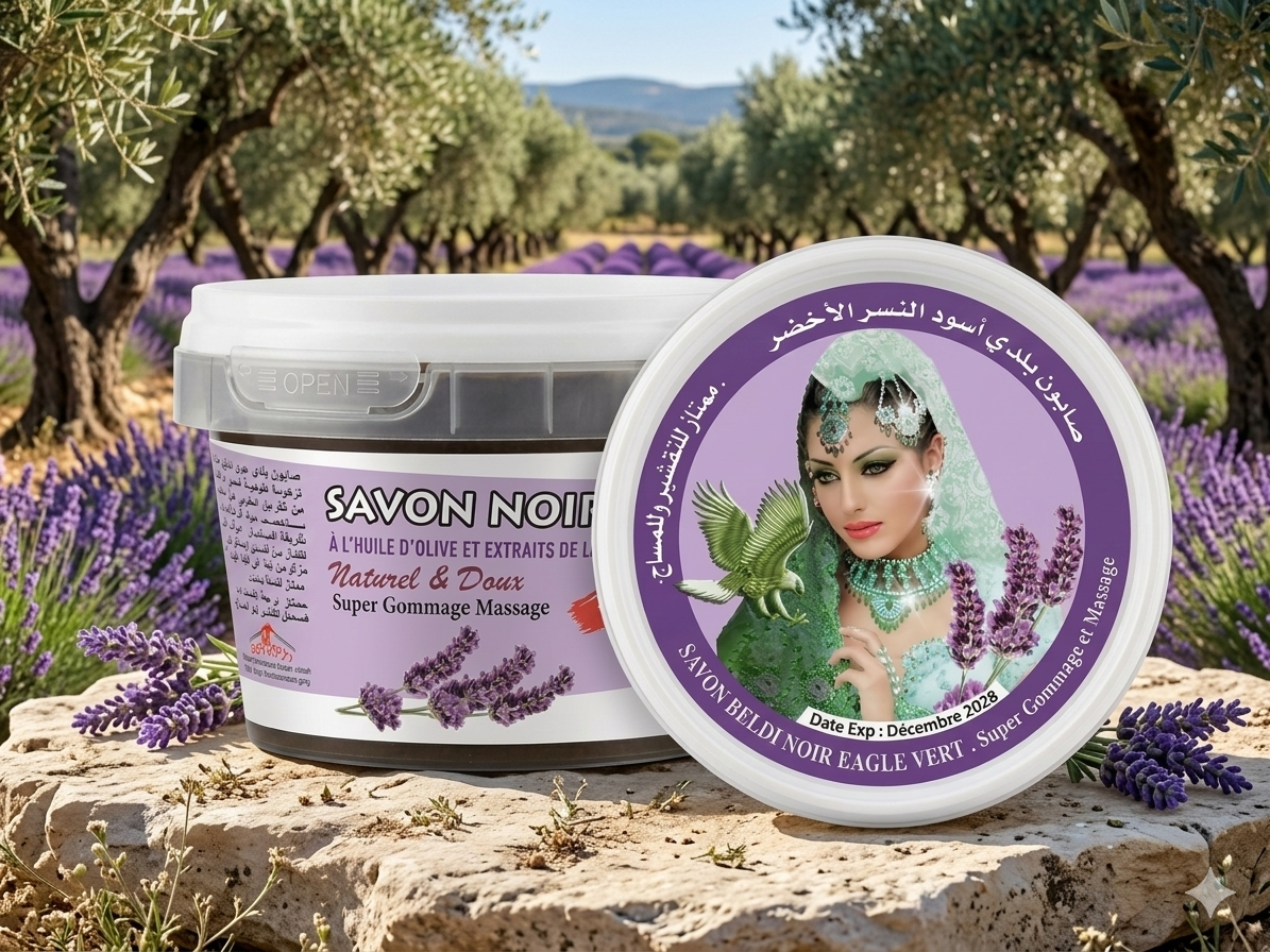 Savon Noir Eagle Vert,
soin de gommage traditionnel à l'huile d'olive et la lavande