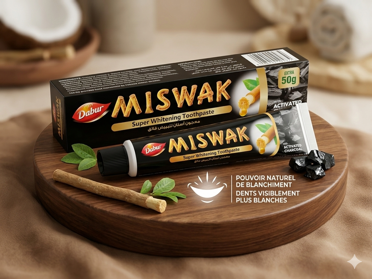 Dentifrice Dabur Miswak au Charbon Actif - Blancheur Suprême (170g+50g offert)