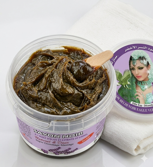 Savon Noir Eagle Vert,
soin de gommage traditionnel à l'huile d'olive et la lavande